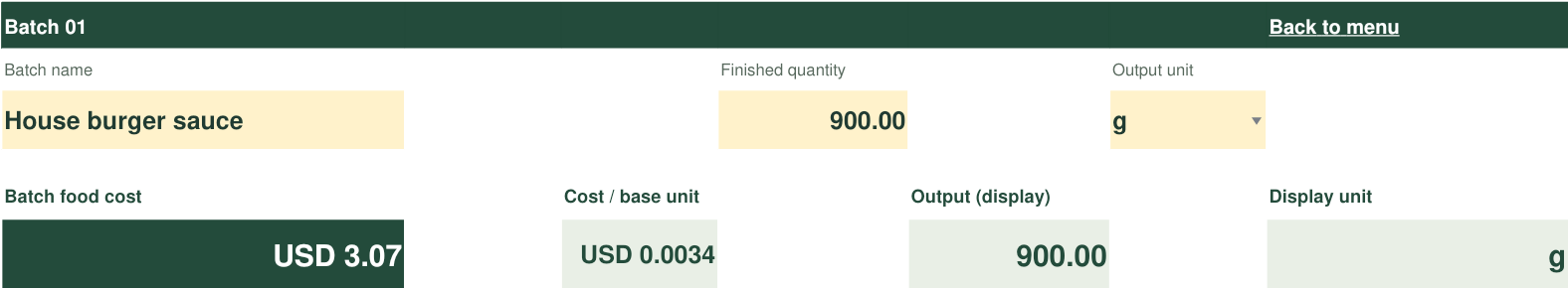 Included House burger sauce example, with total batch cost USD 3.07 and displayed unit cost USD 0.0034 per gram.